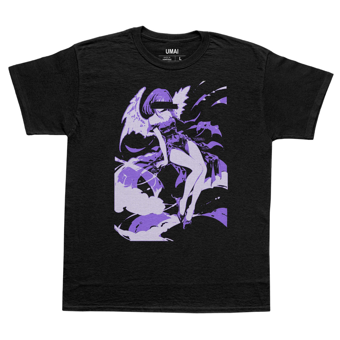 Black t-shirt with a graphic design of a character on a white background