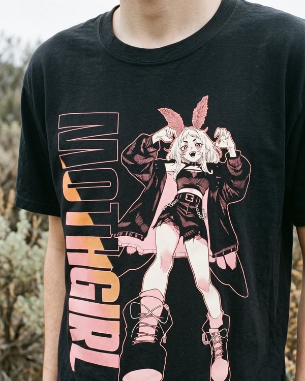 MOTHGIRL! weekly exclusive t-shirt worn outdoors